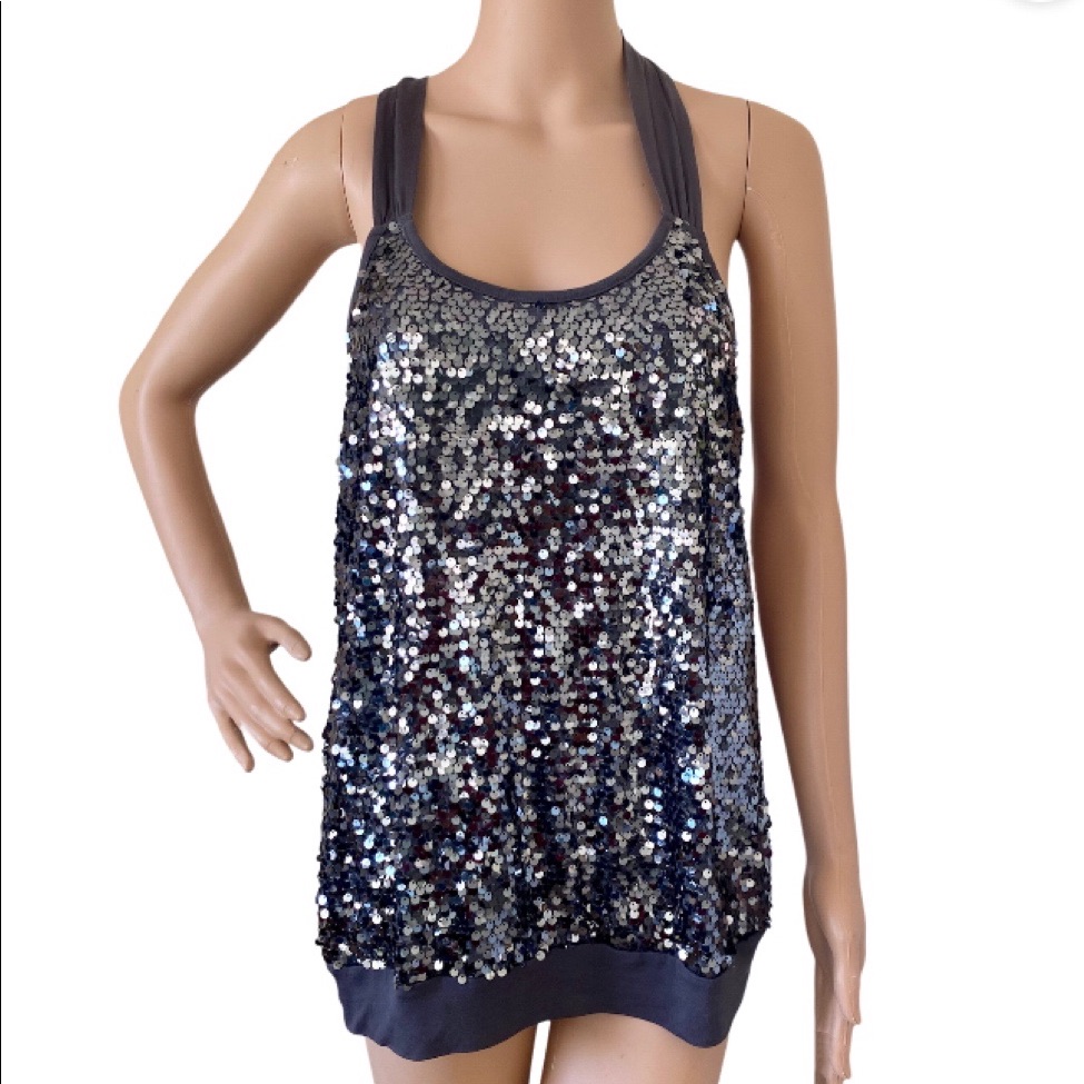 Express Gray Solid Back Sequin Front Tank